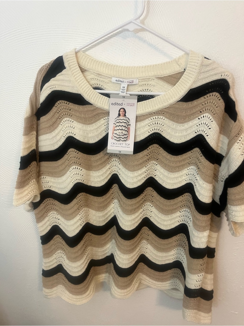 Edited Crochet Wave-Stripe Short Sleeve Top — Cream, Tan & Black